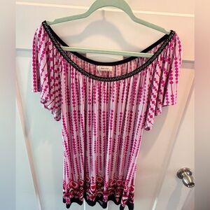 Casual Land Pink Abstract Print Dress Beaded Neckline Short Sleeve Stretch small